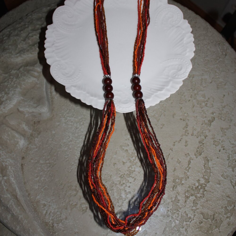 Vintage Long Multi Strand Seed Bead Necklace Warm Vibrant Colors